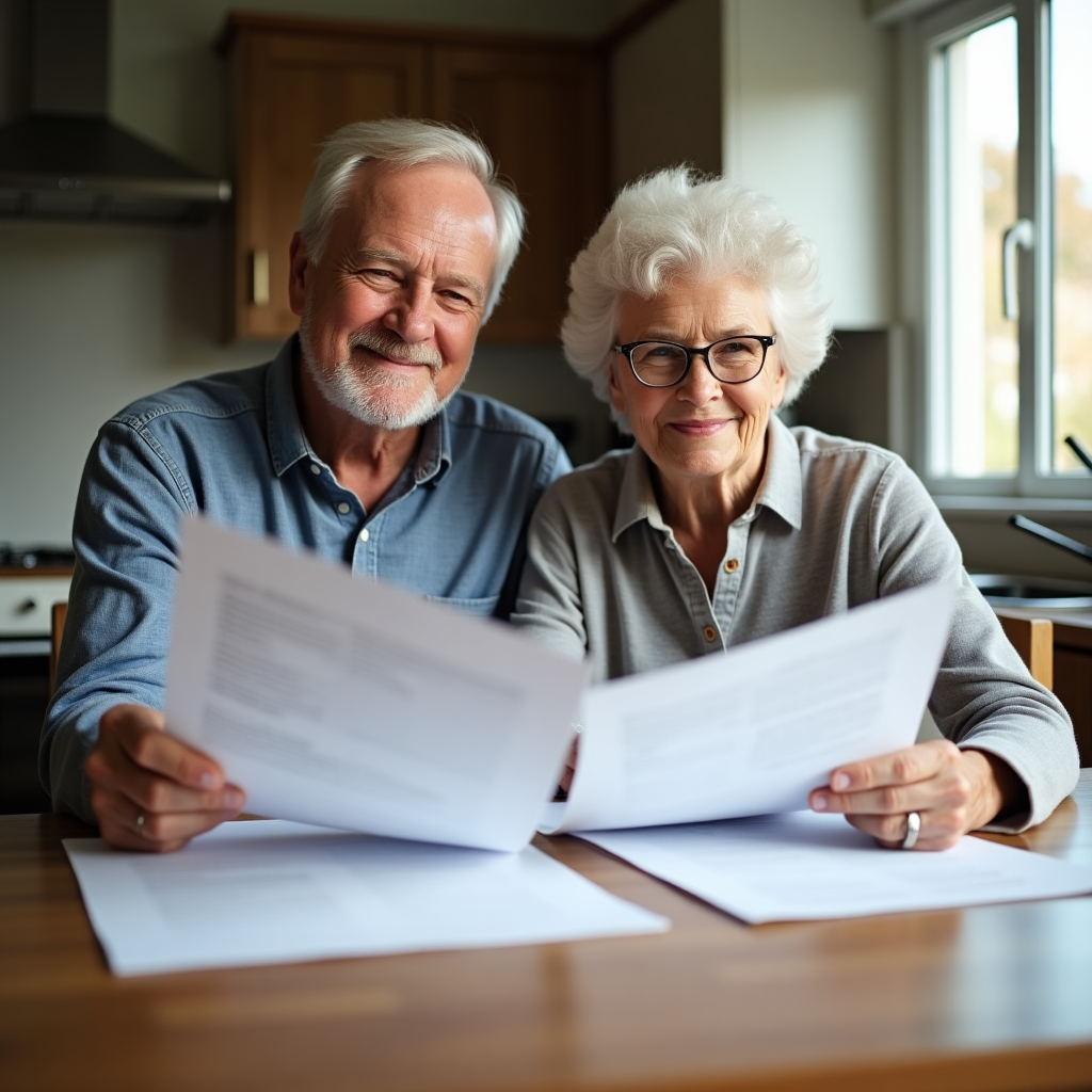 Elderly couple reviewing financial documents